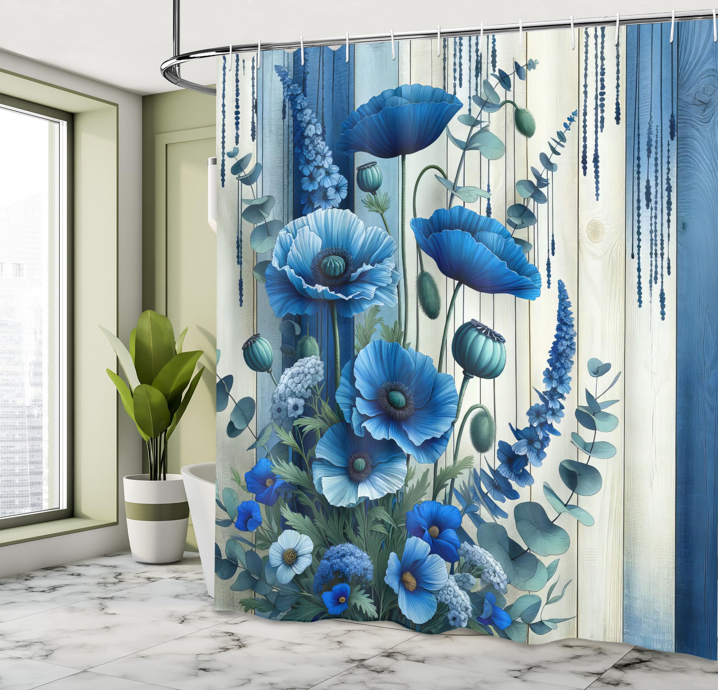 Ambesonne Blue Shower Curtain, Poppy Flowers Meadow Bouquet On Rustic Grunge Look Wooden Plank Back, Cloth Fabric Bathroom Decor